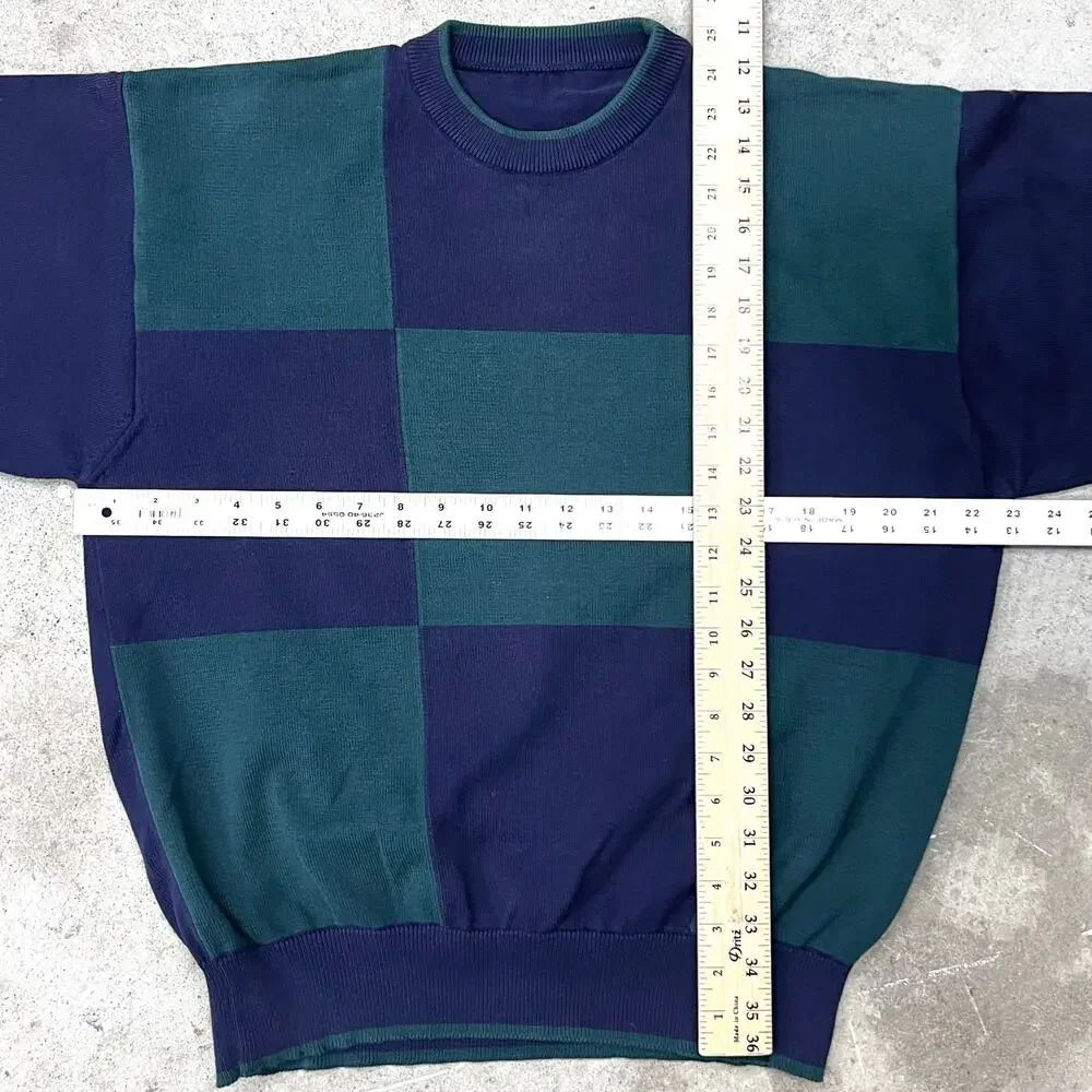 Vintage Large Checkered Square Geometric Pattern Creneck Sweater Navy Green M